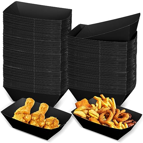 Uiifan 200 Pcs Paper Food Boats Disposable Paper Food Tray Grease Resistant Disposable Serving Tray Cardboard Hot Dog Holder for Burgers Fries Sandwiches Picnic Party (Black,4.9x3x2)