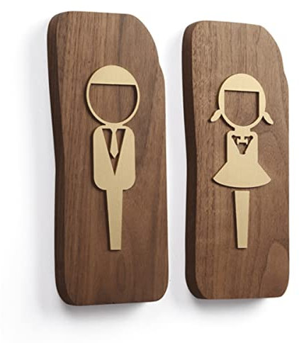 WC-Schilder, Badezimmerschild, Dekoration, Cartoon-Junge und Mädchen, Figurenset, modernes Toilettenschild aus schwarzem Walnussholz und Messing, Badezimmer-Türschilder