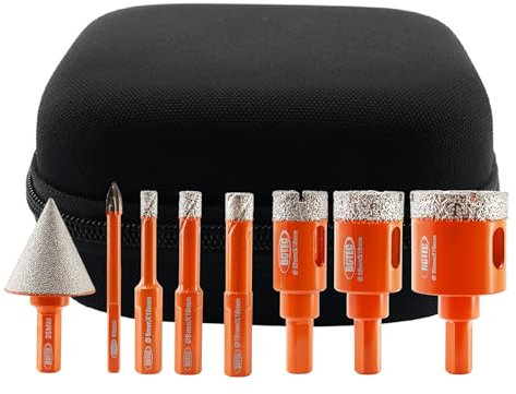 BGTEC Frese per Piastrelle - Punte Diamantate a Secco 6/8/10/20/25/35mm + punta smussatrice 35mm + punte trapano in carburo per Piastrelle, Ceramica, Marmo, Granito, Pietre Naturali(8 Pezzi)