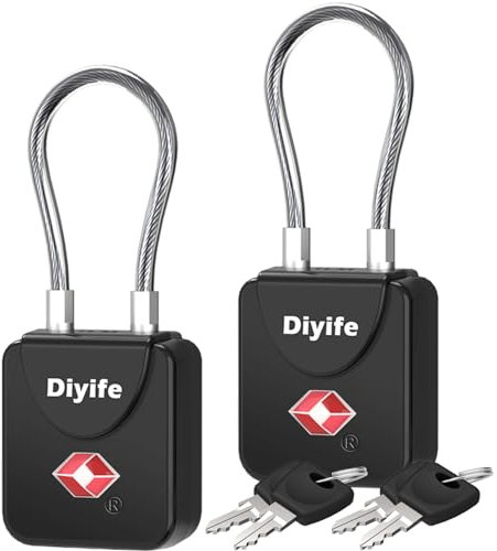 Diyife TSA Gepäckschlösser 2 Stück 4 Schlüssel, Schlösser Rreisekoffer mit Flexiblem Kabel, Schlüsselschloss Sicherheitsschloss Reiseschloss für Koffer Gepäck Etui Spind etc. (Schwarz)
