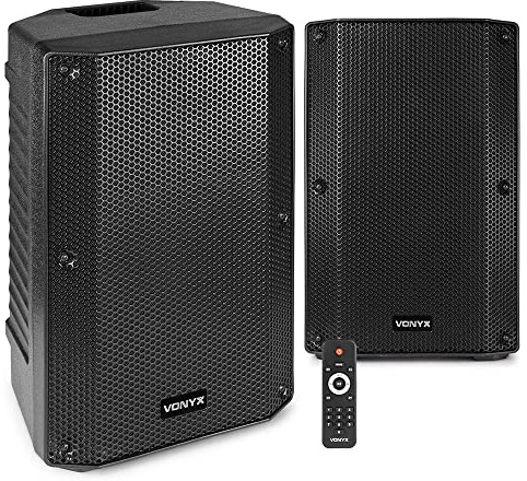 VONYX VSA10BT Active PA Speaker Pair 1000W Bluetooth Sound System with Stands & 6m XLR Cable - DJ Powered Speakers for Live Audio Events, Parties & Performances