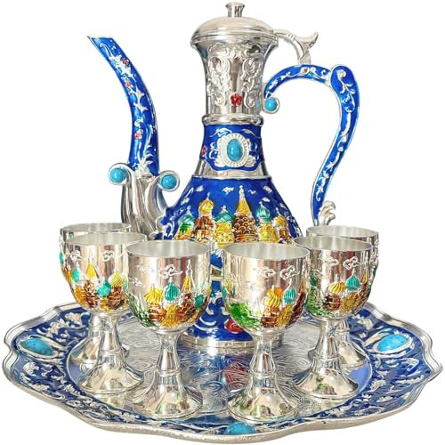 Vintage Turkish Coffee Pot Tea Pot Set,Crafts Teapot and Cup Set Including Tray and 6 Metal Cups,Tea Service Set for Tea Table Decor,Wedding Gift (Blue and Silver)