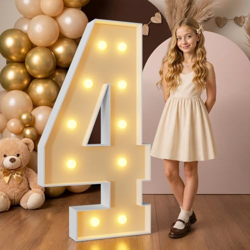 4FT Light Up Numbers Birthday Decorations Big Cardboard Number 4 for 4th 40th Wedding Anniversary Party Decor, Large Marquee Numbers Birthday Arch Kit Mosaic Pre-cut
