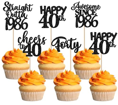 SYKYCTCY 30 Pack Happy 40th Birthday Cupcake Toppers Straight Outta 1986 Forty Awesome Since 1986 Cupcake Picks 40 Fabulous Cake Decorations for 40th Birthday Wedding Anniversary Party Black