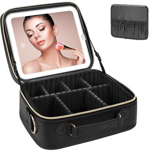 iFalarila Beauty Case da Viaggio con Ricaricabile Specchio a LED [3 colori e dimmerabile] Staccabile Porta Trucchi con Spazzole Organizzatore, Professionale Scatola da Viaggio Borsa Cosmetica-Nero