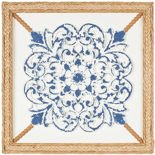 Deco 79 Wood Floral Home Wall Decor Relief Wall Sculpture with Brown Woven Seagrass Frame and White Backing, Wall Art 20 x 2 x 20, Blue