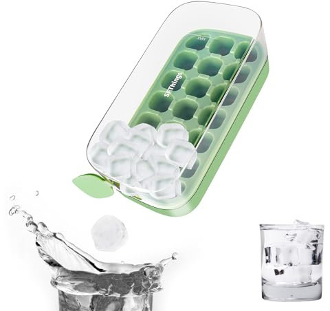 SFThings Bandeja para Hielos con Tapa y Contenedor, 21 cubos, silicona de grado alimenticio, fácil desmoldado, llenado rápido, sin contacto, ideal para whisky y otras bebidas, m-Verde.