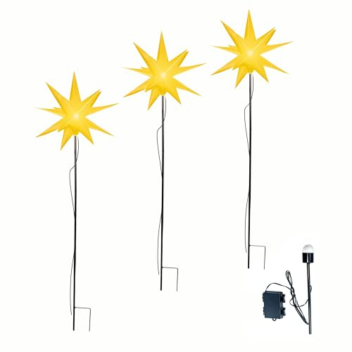 Leuchtstern 3D mit LED Beleuchtung | 3er Set mit Erdspieß | gelb | Ø 27 cm | 3D Stern mit 15 Spitzen | wetterfest | Garten Deko, Weihnachtsdeko | Weihnachtsstern | mit Timer | batteriebetrieben