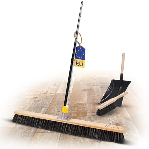 Novaliv Grosser Besen Saalbesen 80 cm mit Stiel Borsten Haarmischung inkl. Kehrgarnitur schwarz bestehend aus Kehrblech und Handfeger Besen fein Werkstattbesen Hallenbesen mit Stiel Industriebesen