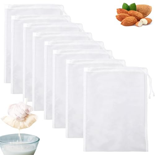 Vinuwu 8 Stück Nussmilchbeutel, 20x30cm Passiertuch Feinmaschiges Nylon, Abseihtuch Wiederverwendbar für Käse Fruchtsäfte Mandelmilch Gemüsesaft, Filterbeutel Mulltuch Mulltücher-200 Mesh