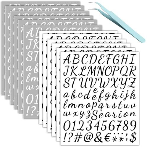 12 Blätter Buchstaben Aufkleber, Bunte Selbstklebende Aufkleber Vinyl Buchstaben Zahlen,Wasserfester Sticker Buchstaben für Postfach,Scrapbooking,Adressnummer,DIY Handwerk (Schwarz, Weiß)