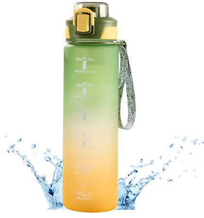 Renko Wasser Flasche Trinkflasche 1l spülmaschinenfest BPA-Frei, Sportflasche mit Zeitmarkierung für Fitness Wasserflasche mit Verschlussdeckel und auslaufsicher (Grün)