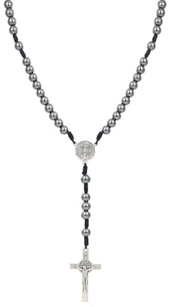 JJDreams Perlen Halskette mit Kreuz Y-Kette Rosenkranz Schwarzer Gallenstein Necklace mit Anhänger Kreuz Edelstahl Kette Schmuck Geschenk für Herren Damen,Schwarz