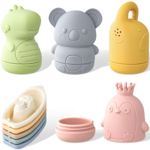 RWSRW Silicone Jouet Bebe Coffret Jouet de Bain Bébé 9 Pièces Jeux de Bain Ludiques avec Animaux Bateaux et Jouets Flottants Amusants Cadeaux pour Garçon et Fille Dès 6 Mois