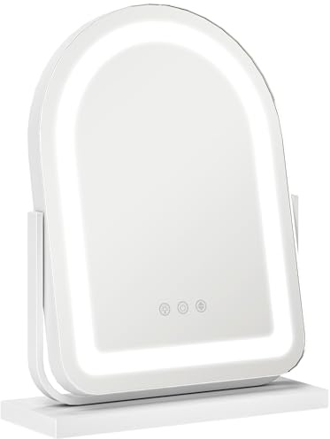 HOMCOM Kosmetikspiegel, 33 x 44,5 cm Schminkspiegel mit LED Licht, 3 Lichtfarben, 360° Drehbar Makeup-Spiegel mit Touch-Steuerung, Metallrahmen, Weiß