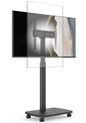 AOKCOS TV Ständer Rollbar mit Holzregal, Fernsehständer mit Rollen für 32-65 Zoll Flach & Curved Fernseher bis 35kg, TV Bodenständer 90°Rotierbar Höhenverstellbar, Max.VESA 400x400mm (Schwarz)