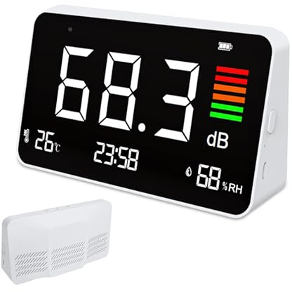 5-in-1 Decibel Meter,Digital Sound Level Meter 30-130db,8.5 LED Display Desktop Noise Time Temperature Humidity Meter for Classroom, Studio, Home, Factory
