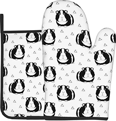 Schwarz-weiße Meerschweinchen-Küchenofenhandschuhe und Grillhandschuhe, Topflappen, Ofenhandschuhe und Topflappen mit Kochhandschuhen zum Backen, Grillen, Kochen