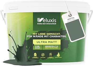 Veluxis Wandfarbe Grün Grau Salbeigrün matt 2,5 L – Ritzy Rosemary | Innenfarbe mit Deckkraft Klasse 1, VOC-frei, ohne Grundierung, tropfarm, für Wohnzimmer und Schlafzimmer