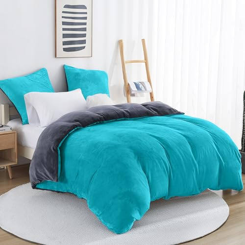 Viviland Biancheria da letto invernale da 135 x 200 cm, per 1 federa da 80 x 80 cm, in pile blu ghiacciaio