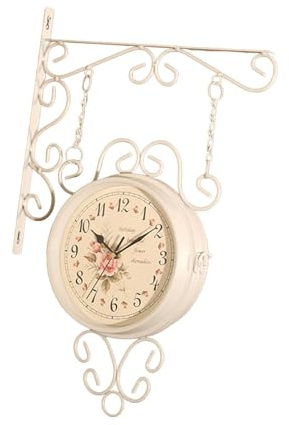 rockible Orologio da Parete a Doppio Lato, Rotondo, Silenzioso, con Decorazioni artistiche, Design Antico, Orologio da Stazione sospeso per Balcone, casa, Bianco