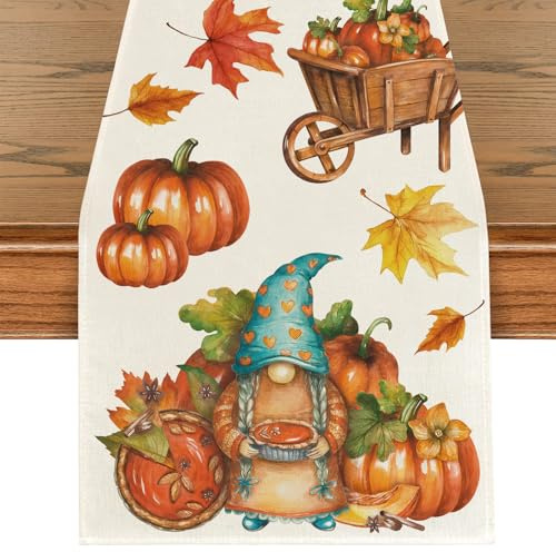 Herbst Kürbis Ahornblätter Tischläufer, Herbstlicher Läufer, Herbstlaub Tischdeko Herbst Tischdecke Küche Tisch Dekoration Drinnen Urlaub Party Herbstdeko für Thanksgiving Erntedankfest 40x140cm