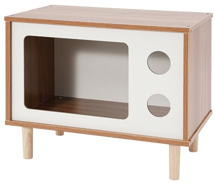 WooDerson Maison pour chat en bois d'intérieur - Abri TV pour chat - 50 x 29 x 40 cm - Petite maison pour chat avec 4 pieds de support - Jusqu'à 4,5 kg - Meuble pour chat debout au sol (noyer, blanc