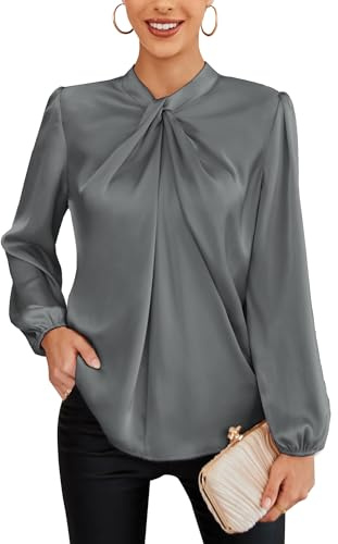 GRACE KARIN Dam ledig business topp långärmad fest blus rosett topp, Mörkgrå, L