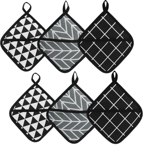 Topflappen Set, 6 Stück Hitzebeständige Topflappen für Küche, Kochen und Backen, 18 x 18 cm, Graue und Schwarze Muster