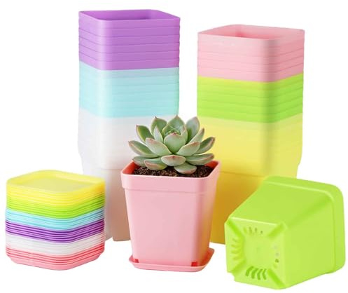 PUHTUOY 36Pcs Plastic Plant Pots - 7cm Indoor Square Thick Seed Seedling Pots with Trays Small Coloured Nursery Flower Pots for Vegetables Cuttings Succulent Cacti for Garden Office and Balcony Decor