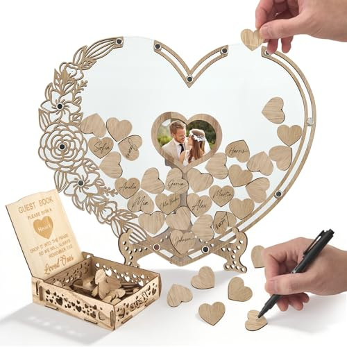 Eirolace Holz Gästebuch mit 100 Holzherzen, Hochzeitsdekoration mit Fotorahmen, Herzform, Personalisiert für Hochzeiten und Geburtstage