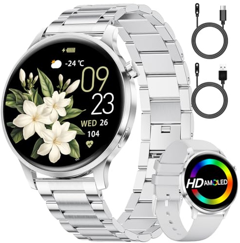 SUNKTA Montre Connectée Femme 7,9mm Ultrafin 1,32 AMOLED Appel Bluetooth Acier Elegant Smartwatch pour Android iOS,Fréquence Cardiaque,Moniteur de Sommeil,Podomètre,Calories,100+ Mode Sport,Argenté