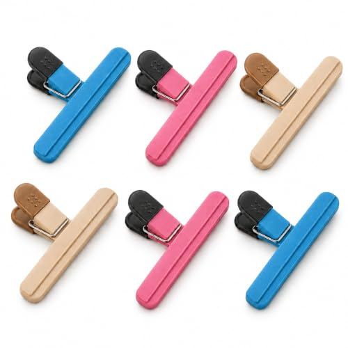 Large Food Bag Clips 6 Pcs, Food Clips Bag Sealing Clips for Storage | Strong-grip freezer clips, reusable food pegs, kitchen clips for bags; colour-coded for bread, cereal, snacks & pet food
