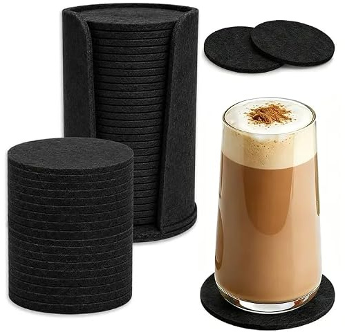 50 Set Filzuntersetzer Rund, Filz Untersetzer für Gläser, Glasuntersetzer Waschbar, mit 1 STK Aufbewahrungsbox, Filz Untersetzer für Tassen, Tisch, Bar, Getränke, 10 cm, Schwarz