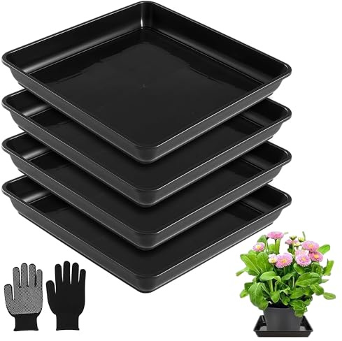 WLHFDC 4 Stück Blumentopf Untersetzer Eckig 22x22cm,Untersetzer für Blumentöpfe Kunststoff Pflanzenuntersetzer,Blumentopfmatte Schwarz für Innen und Außenpflanzen-Garten Balkon