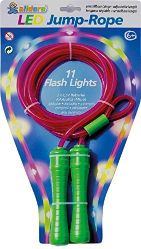 alldoro 60345 LED Springseil, Hüpfseil mit 11 LEDs, Kinderspringseil mit Licht, Sportspielzeug für Garten, Fitness, Bewegung und Outdoor, für Kinder ab 6 Jahre & Erwachsene, grün/rot sortiert