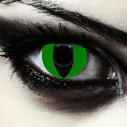 DESIGNLENSES lentilles de couleur vert pour halloween costume de serpent, 1 paire (2 pcs), yeux de chat sans correction + étui à lentilles Green Cateye