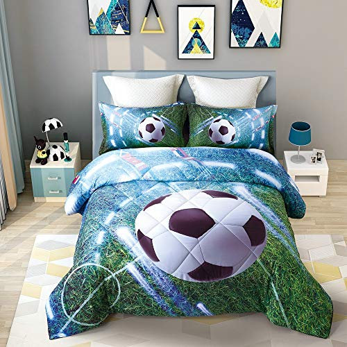 Wowelife Set completo di biancheria da letto per ragazzi e ragazzi, con piumone verde, 5 pezzi, per parco giochi di calcio, confortevole, traspirante, per ragazzi e adulti