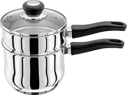 Judge Vista JJ57A Stainless Steel Porringer/Double Boiler/Bain Marie Saucepan and Base, 16cm 1.5L, Shatterproof Vented Glass Lid, Induction Ready, Oven Safe, 25 Year Guarantee