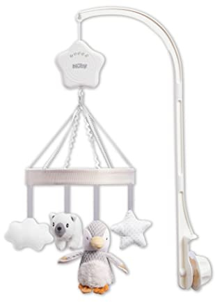 Nuby Penguin Musical Cot Mobile för bebisar – snurrande babymobil med justerbar arm för att passa de flesta barnsängar | lugnande vaggvisor | plyschleksaker