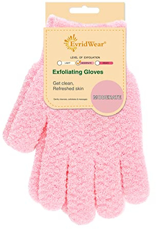 Evridwear Exfoliating Gloves for Shower, 100% Nylon Thick Soft Medium Heavy Bathing Gloves Dead Skin Remover Body Scrubber Smooth Skin with Hang Loop, 1 Pair Moderate Pink