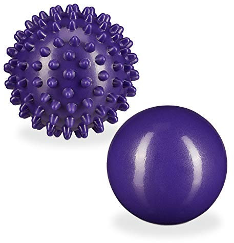 Relaxdays Massageball 2er Set, glatt & mit Noppen, hart, wassergefüllt, Selbstmassage, Faszienball, Ø 6,5 & 7 cm, lila