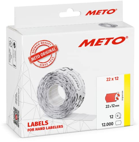 Meto Etiketten für Handauszeichner (22x12 mm, 1-zeilig, 12.000 Stück, fluor rot, permanent haftend, für Meto, Contact, Sato, Avery, Tovel, etc.)