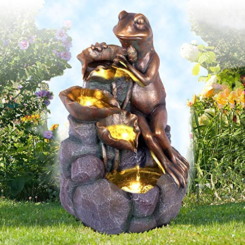 Gartenbrunnen, Brunnen, Zierbrunnen, Zimmerbrunnen, Springbrunnen, Brunnen mit LED-Licht 230V Wasserfall Wasserspiel für Garten, Gartenteich, Terrasse (BLÜTEN-Frosch)
