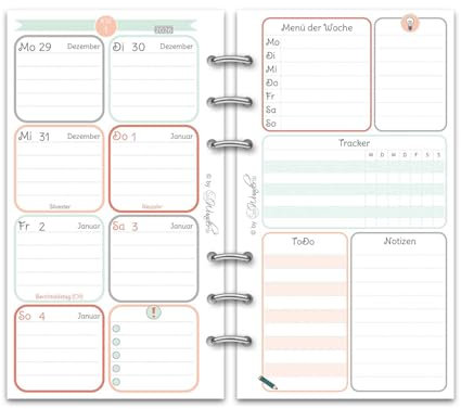 SinnWunder® Premium Kalendereinlagen 2026 - Wochen-Kalender - 1 Woche 2 Seiten - Größe Personal - Filofax-Lochung
