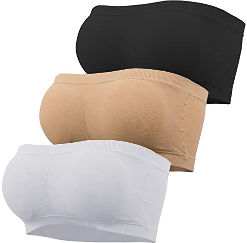 GXIN 3 Piece Women Bandeau Bra Padded Non-Slip Strapless Bras Seamless Ladies Wireless Bralette Bandeau Tube Tops (UK, Alpha, M, Regular, Regular, Standard, Black, White, Skin Color)