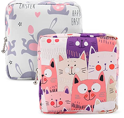 Lot de 2 sacs de rangement pour serviettes hygiéniques avec fermeture éclair de 12,7 x 12,7 cm pour filles/femmes/femmes (chat)