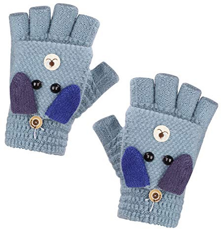 Mitaines Tricotées Demi-Doigts Gants des Garçons Filles Mitaine Chaud avec Motif de Chien pour Enfants 6-15 Ans