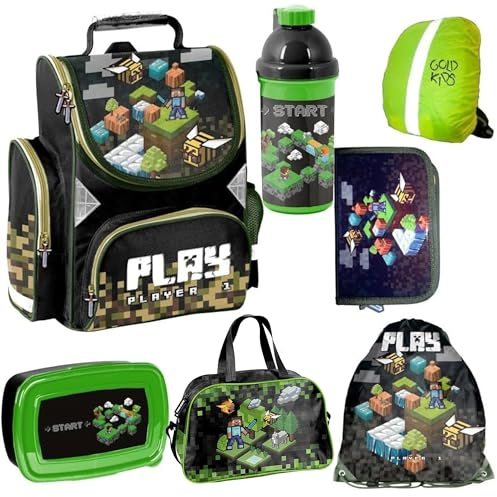 Goldkids Schulranzen Set Jungen 1. klasse 7-teilig Ranzen Tornister Schulrucksack Federmappe Turnbeutel Turnsack Brotdose Trinkflasche Sporttasche Regenschutz Game Pixel Motiv mäppchen