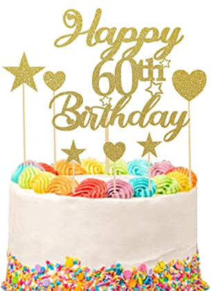 Mobile Stuff Happy 60th Birthday Cake Topper Set, 60th Birthday Cake Topper with Heart Star Cupcake Cake Topper Picks Glitter Cake Decoration for Birthday Party Cake Supplies - 9pcs (Gold)